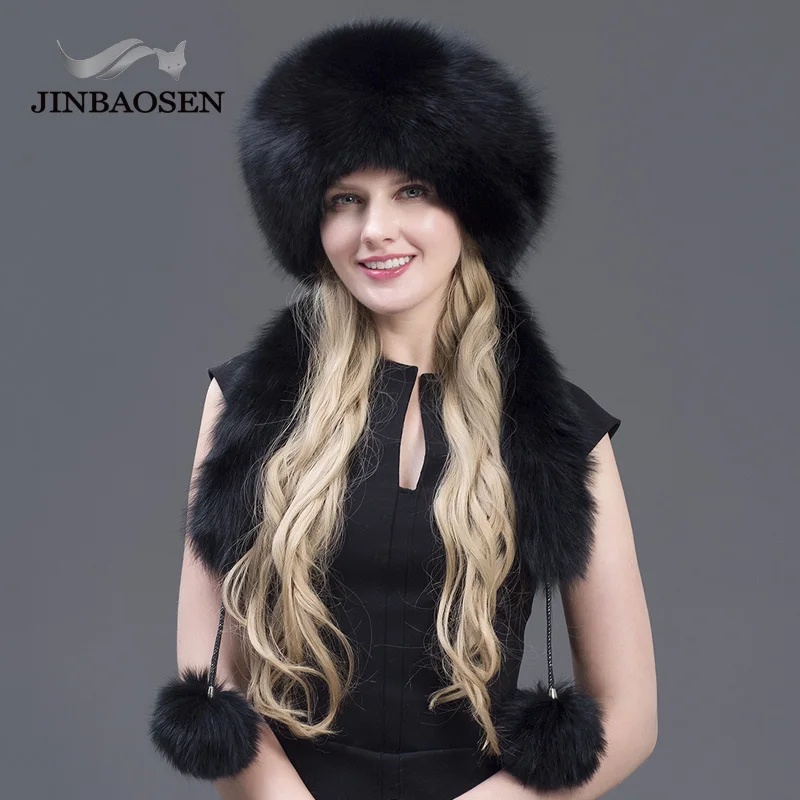 JINBAOSEN меховая шапка женская натуральная из енота, лисы, меховая русская зимняя Толстая теплая шапка с ушками, модная шапка, черная новинка, список