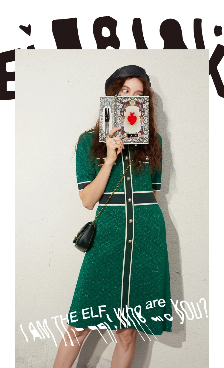 ELFSACK Green Singel Chic Button Knitted Casual Korean Dress Women,2020Autumn ELF Vintage Short Sleeve Female Slim Party Dresses