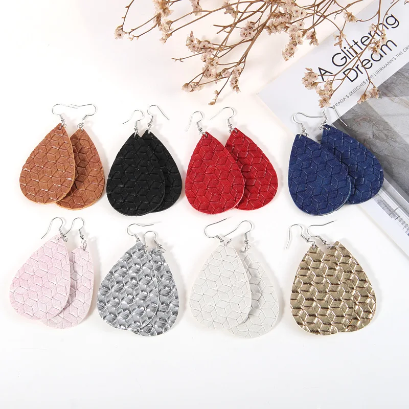 

Hot Sale Double Sided Vantage Teardrop PU Leather Weaving Earrings Multi-Color Boho Lightweight Water Drop Earrings Wholesale