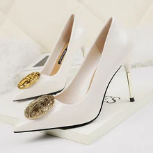 Пикантные модные женские туфли на высоком каблуке(9 см) с металлической пряжкой туфли-лодочки на шпильке элегантные женские туфли класса люкс, абрикосовый, Лакированная кожа с острым носком; обувь для вечеринок