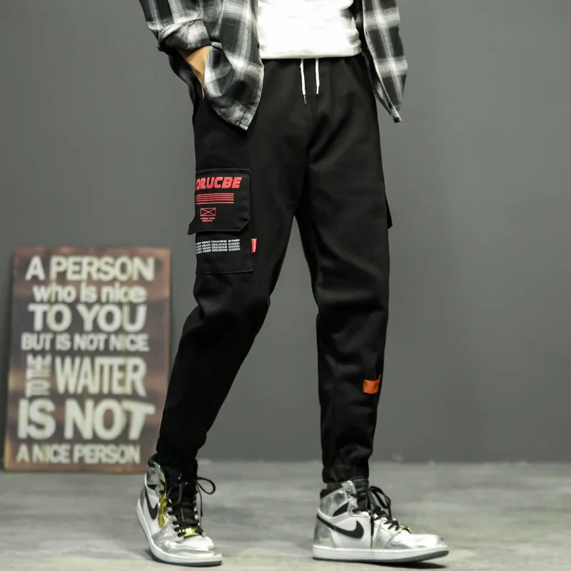 

Four Seasons Paragraph Trend Handsome Casual Cargo Trousers Japanese-style Loose-Fit Cool Printed Ankle Banded Pants Legs Sticke