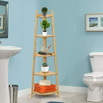

5Tier Bamboo Corner Shelves Towels Rack Living Room Bookcase Plant Stand 2 Color