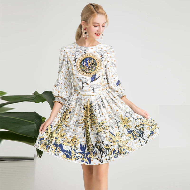 

Xiaomoli The elegant temperament of the new autumn style retro-printed seven-minute sleeve waist dress in 2019
