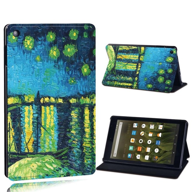 Amazon Fire 7 5/7/9th Gen / Fire HD 8 / 10 with alexa Printed Painting PU Leather Tablet Stand Folio Cover Case