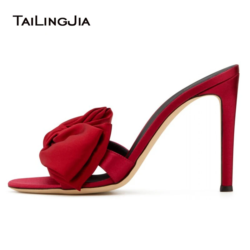 

Elegant Women Party Mules Sandals Stiletto High Heels Black Red Satin Dress footwear Ladies Bowknot Open Toe Large Size Shoe New