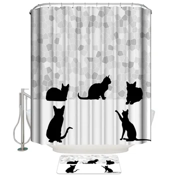 

Glass Texture Cat Silhouette Shower Curtain with Hooks Doormat Bath Floor Mat Waterproof Polyester