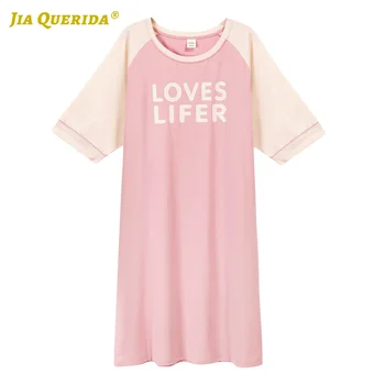 

Patchwork Woman Clothes Sleep Shirt Fashion Casual Style Night Gown Woman 100% Cotton Summer Short Sleeve Pink Letter Printing