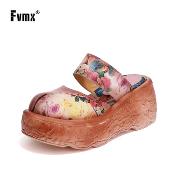 

FVMX New Fashion Ethnic Style Handmade cool Convenience Sandals Slippers Female Leather Retro Casual Painting Flower Women Shoes