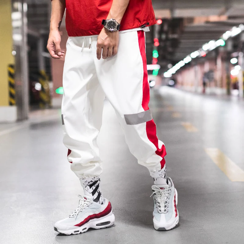 Мужские спортивные штаны для бега с боковой полосой, мужские спортивные штаны-шаровары со светоотражающими этикетками, мужские уличные штаны в стиле хип-хоп, повседневные брюки