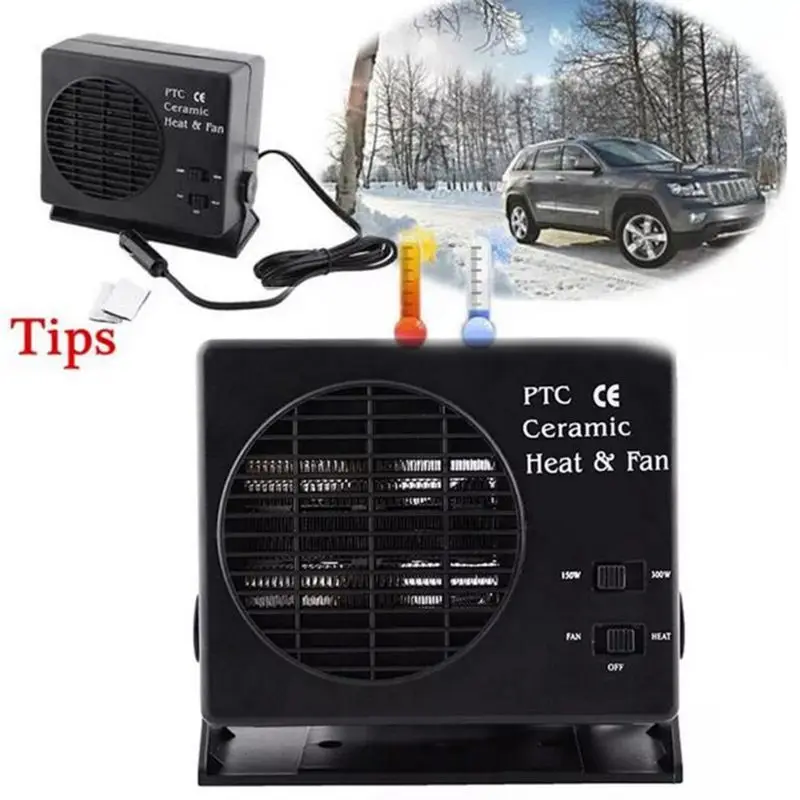 12V Car Portable 2 in 1 Electric Fan and Heater 300W Defroster Demister Quick Heating Speed Portable Electric Dryer Windshield D