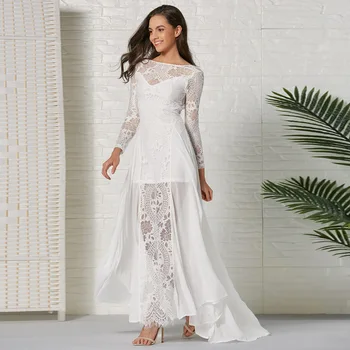 

BacklakeGirls White Chiffon Scoop Neck Full Sleeve Sexy Cut Out Lace Evening Dress Long Split Joint Formal Dress Prom Robe Soire