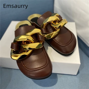 

New Spring 2021 Genuine Leather Women Slippers Sewing Cover Toes Big Metal Chain Buckle Decor Flat Heel Outwear Mules