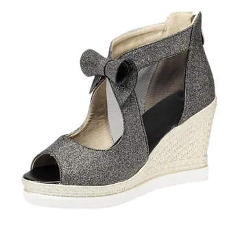 

SAGACE Women Luxury Shiny Bow Wedges Sandals Zipper Shoes Female Soft Bottom Comfortable High Heel Sandals Summer Footwear