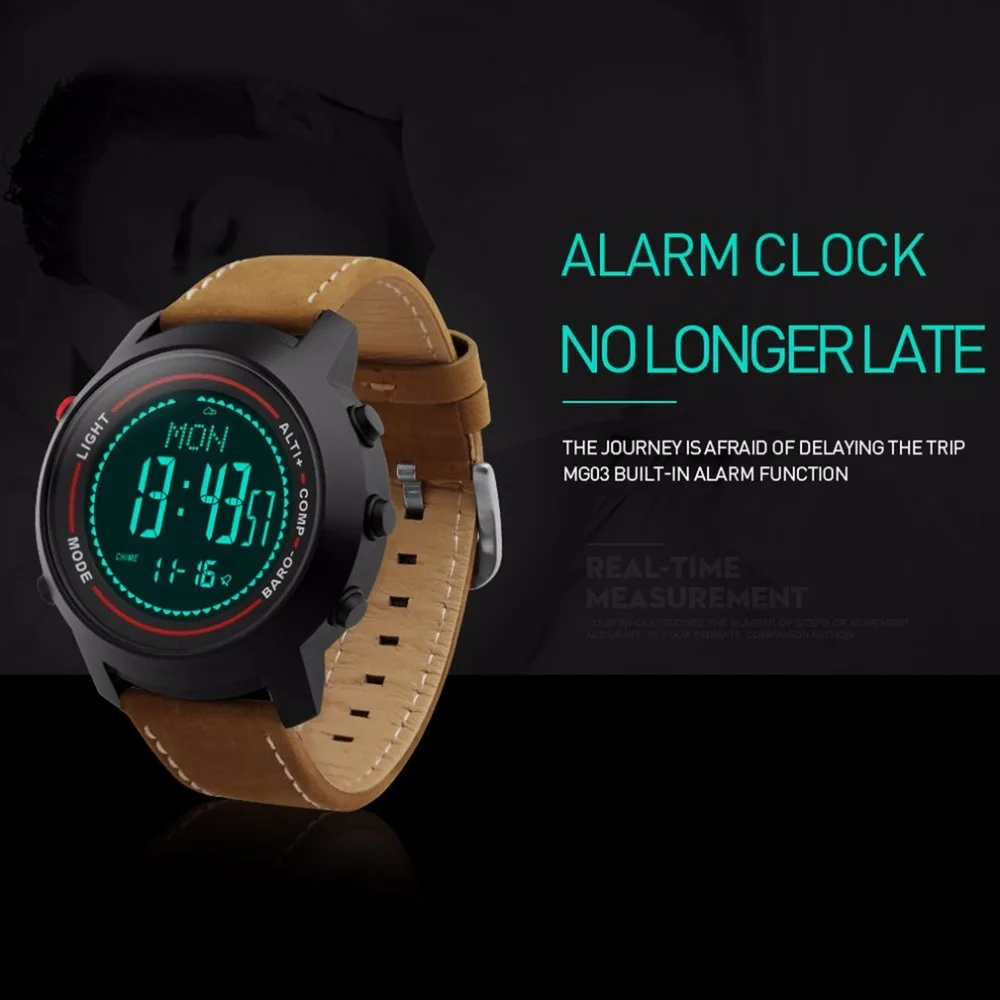 MG03 Sport Watch Stainless Steel Dial Leather Band Multi-Function 5ATM Mountaineer Smart Watch Altimeter Barometer Thermometer
