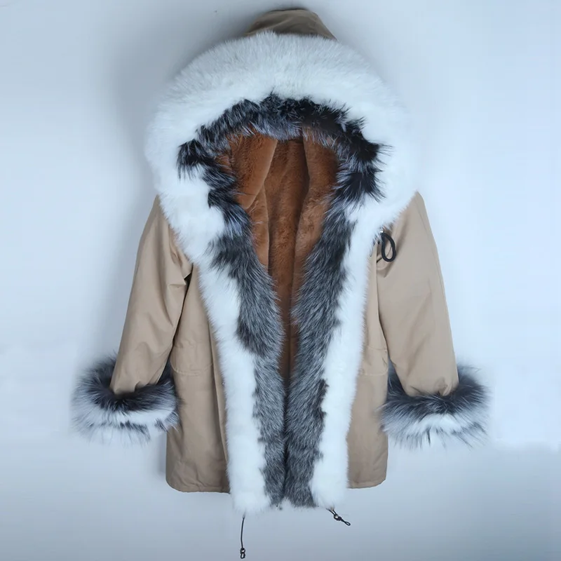 12 light khaki Новинка, Женская водонепроницаемая парка, толстая, теплая, натуральный Лисий мех, воротник, капюшон, парка, верхняя одежда, искусственный мех, подкладка, толстая, теплая, натуральный мех, пальто - Цвет: 12 light khaki