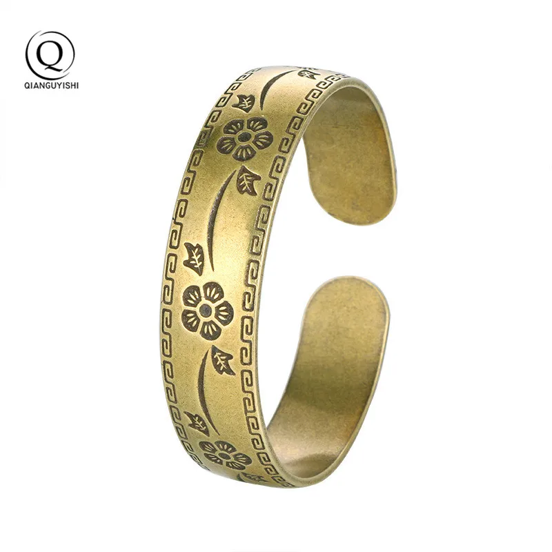 Antique Brass Peach Blossom Pattern Bangle Classic Pure Copper Open Bracelet Ancient Women Wristband Decor Valentine's Day Gifts