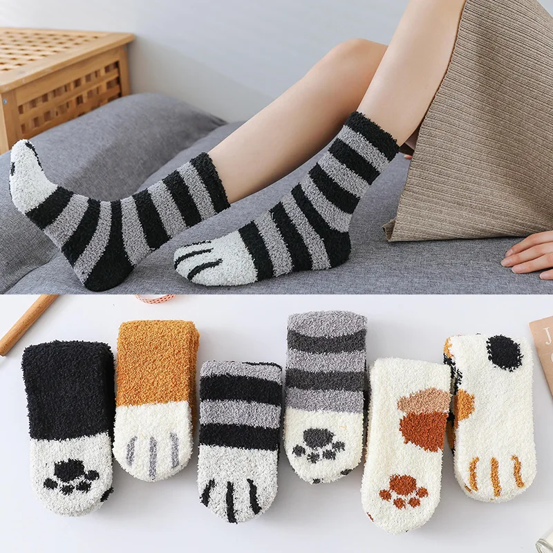 6 пар/лот, зимние теплые пушистые носки с кошачьими лапами для женщин и девочек, носки для сна, домашние носки-тапочки, толстые носки для девочек