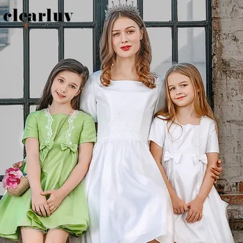 

Mom Child Formal A-Line Prom Dress DB143 Embroidery Elegant Vestido De Gala Square Collar Short Sleeve Parent-child Party Gowns