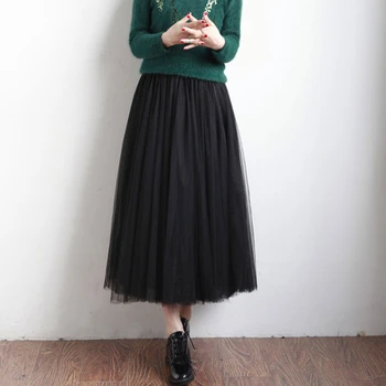 

Fashion Tulle Women Skirts Spring Summer Autumn Casual Solid Boho Charms Elastic High Waist Long Mesh Tutu Pleated Skirt