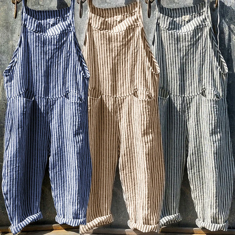 Summer Jumpsuit Womens Casual Baggy Striped Wide Leg Overalls Dungarees Jumpsuit Women Street Daily Cotton Linen Jumpsuit S-XL