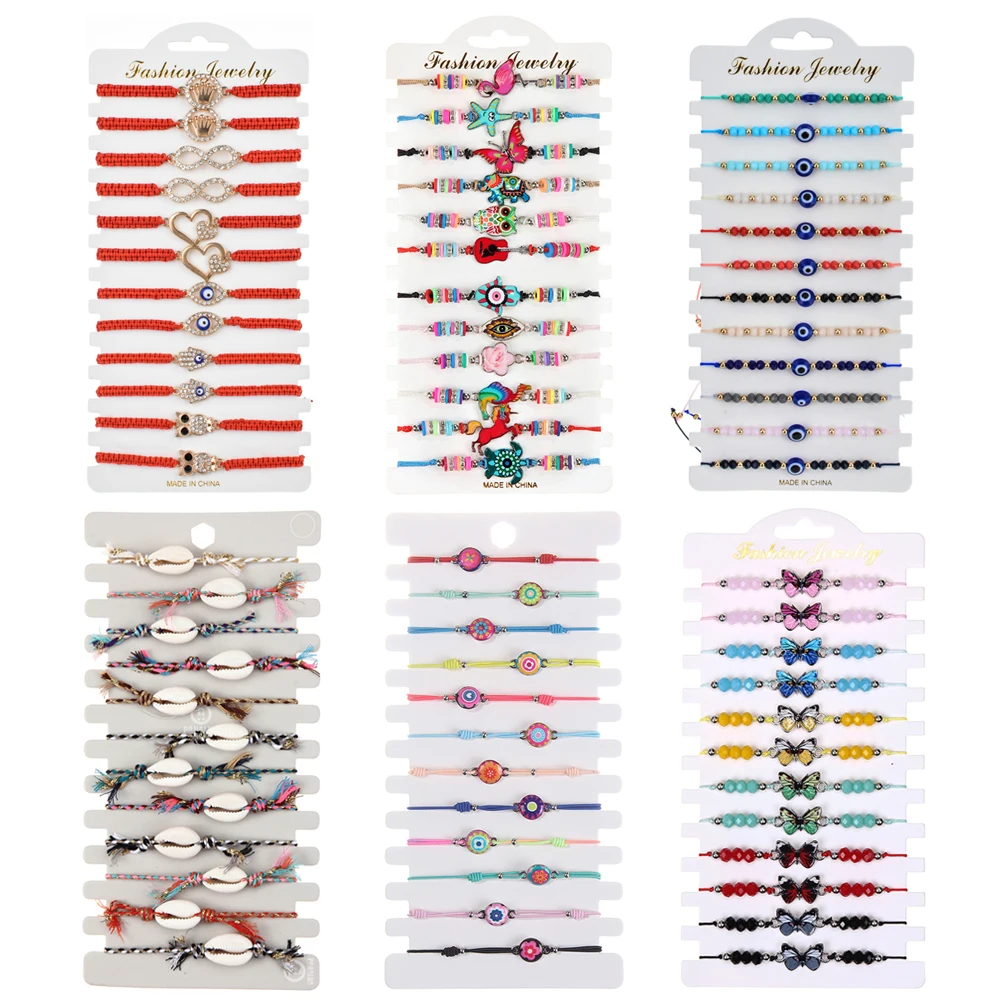 

12pcs/lot Crystal Shell Braided Rope Bracelet Set Handmade Adjustable Butterfly Skull Evil Eye Bracelets for Women Cuff Jewelry