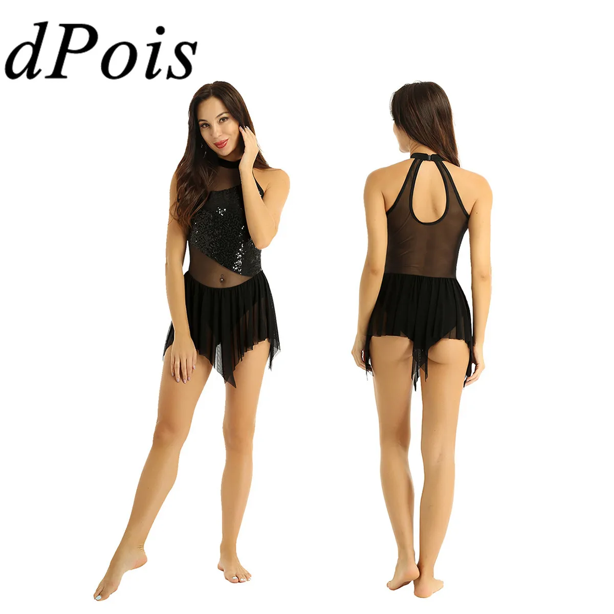Women Irregular Ballet Dance Gymnastics Leotard Dress Adults Ballerina Lyrical Halter Sleeveless Shiny Sequins Bodice Mesh Skirt