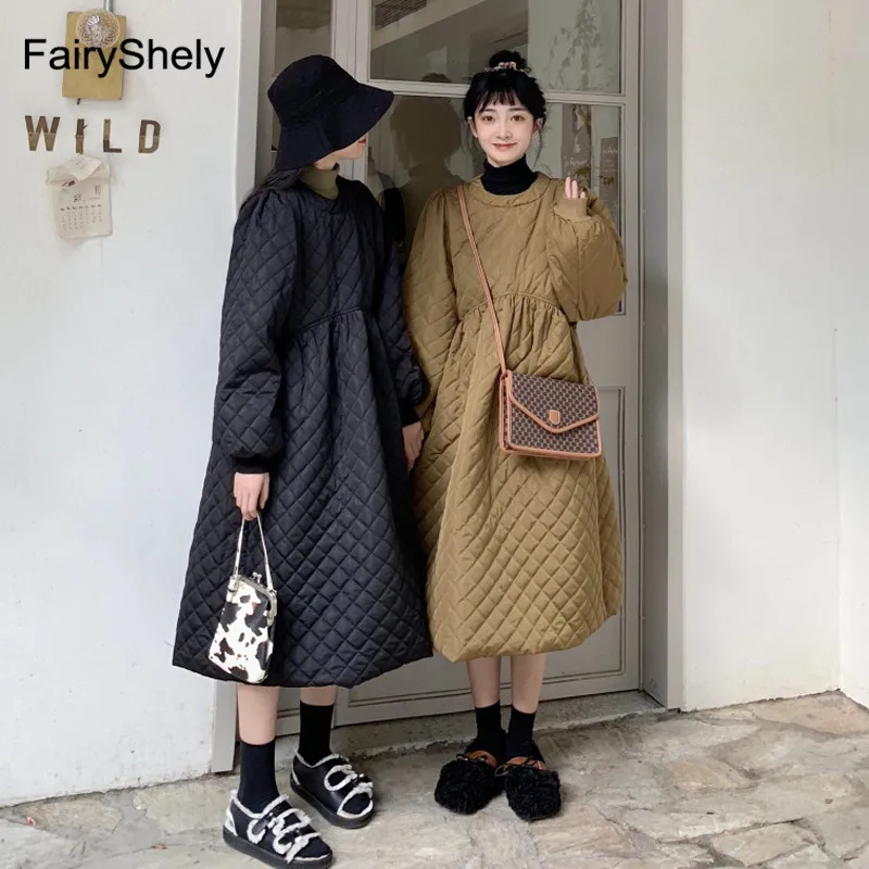FairyShely, новинка, винтажное женское облегающее платье с длинным рукавом, зимнее Хлопковое платье, черное теплое утолщенное ветрозащитное платье