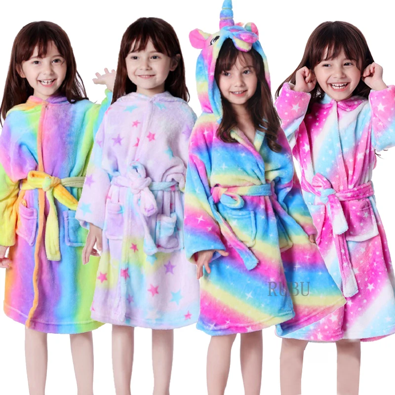 Cartoon Kids Robes Flannel Child Boys Girls Robes Animal Unicorn Hooded Bath Long Sleeve Baby Boy Bathrobe Child Clothing