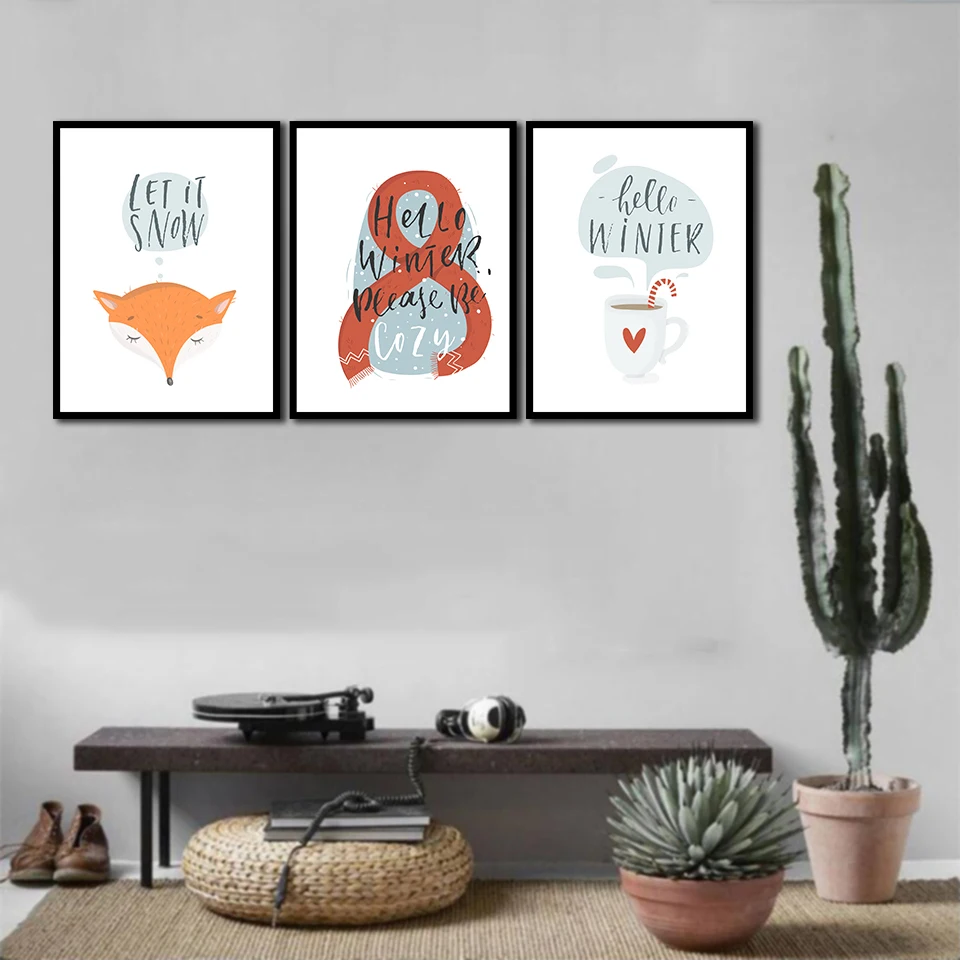 

Abstract cartoon fox in winter Nordic Style Wall Art Canvas Print Painting Modern Living Room Decor Picture