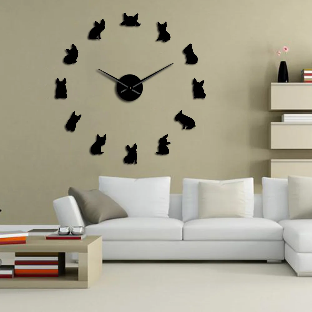 French Bulldog Dog Breeds Size Adjustable 3D DIY Acylic Wall Clock Puppy Pet Shop Decor Mirrors Surface Wall Sticker Clock Watch