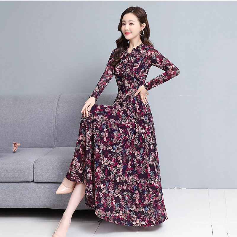 

Floral chiffon big swing dress spring 2021 new women's middle-aged mother high-end western style long-sleeved dress 4xl s86