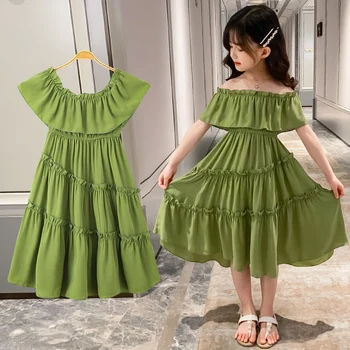 

Japanese and Korean baby girls dress 4-13 years old Chiffon strapless sleeves Solid color stitching shoulderless kids dress