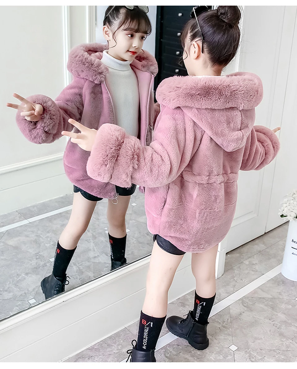 Kids Winter Coat for Girls Jacket Faux Fur Thick Warm Hooded Jacket Teenager Girls Outerwear Children Clothes 4-12 Year