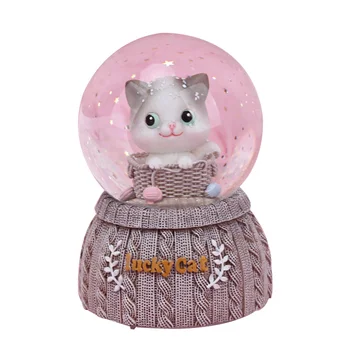 

Lucky Cat Knitted Crystal Ball Base Resin Figurine Home Decoration Accessories Cartoon Cat Ornament Music Box Wedding Decor Gift