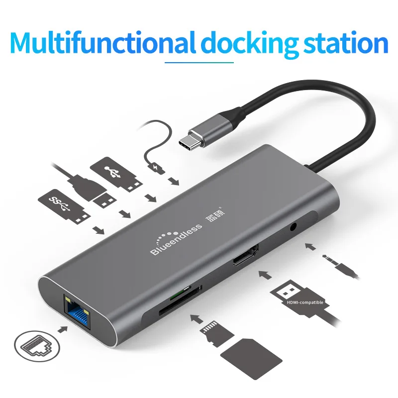 Blueendless Usb C Hub Adapter 9 in 1 Docking Station,1000Mbps Ethernet Lan Port, 3.5Mm Aux, 3X Usb 3.0, Tf/Sd Card Reader 5