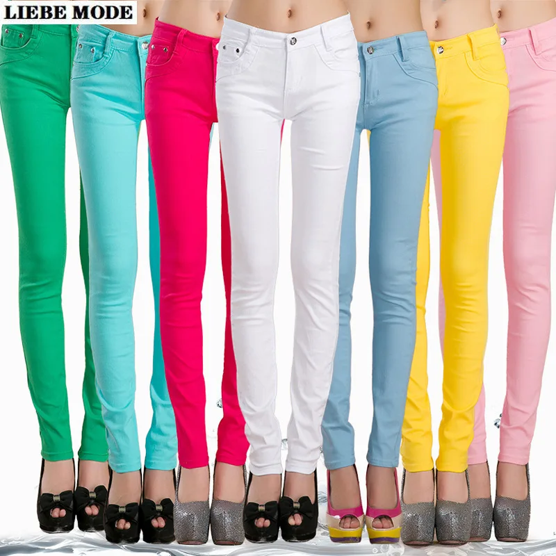 Pantalones vaqueros ajustados para mujer, mallas coreanas de moda, Color caramelo, negro, blanco, rosa, amarillo, rojo, verde caqui y