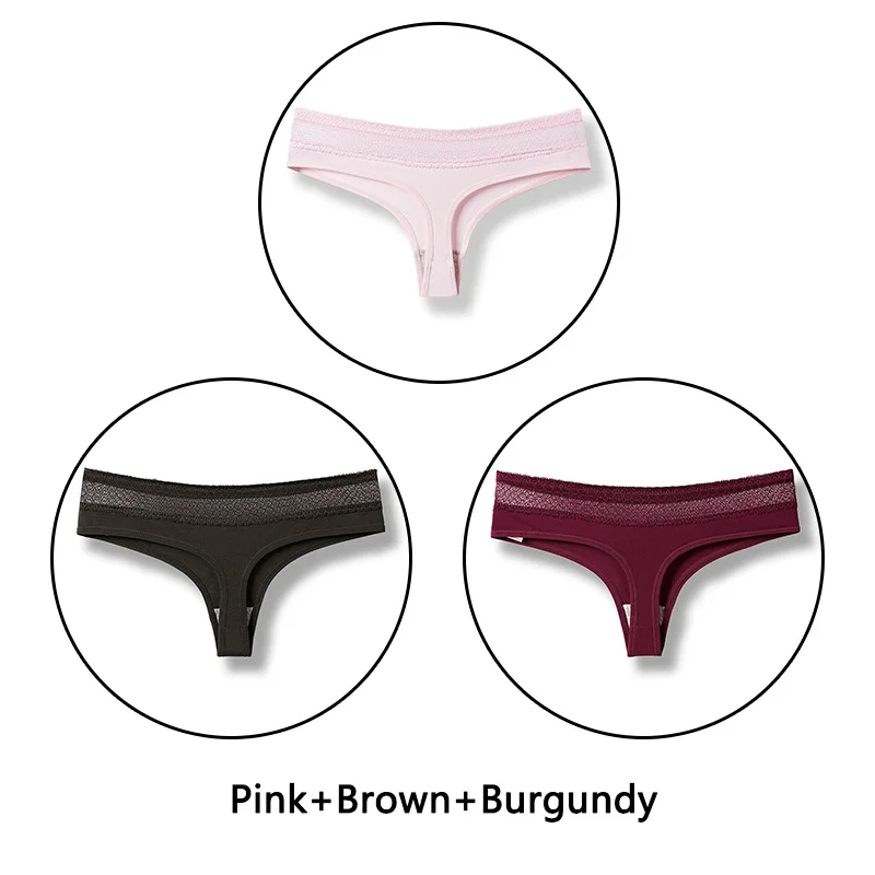 Pink Brown Burgundy 3 шт./партия открытые стринги сексуальные хлопковые трусики женское нижнее белье кружевное мягкое белье с низкой посадкой однотонное стринги бесшовное белье Новинка - Цвет: Pink Brown Burgundy