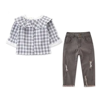 

DFXD 2-7T Toddler Kids Baby Girls Clothes Sets Gray Plaid Lace Peter Pan Collar Tops T-shirt+Skinny Ripped Jeans Pants Outfits