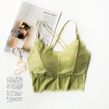 

Gauze Lace Suspenders Tube Top Women Double Straps Beautiful Back Wirefree Bra Removable Pad Thin Summer