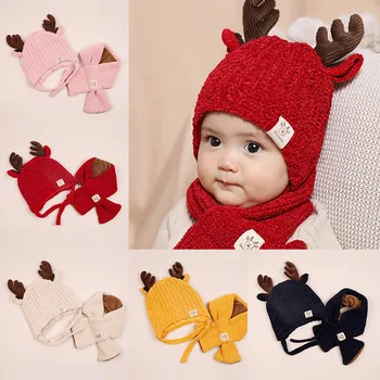 

Cartoon Ear Design Winter Scarf+Hat Baby Warmer Knitting Scarf+Hat Infant Cotton Collar Scarves Neckerchiefs Sets