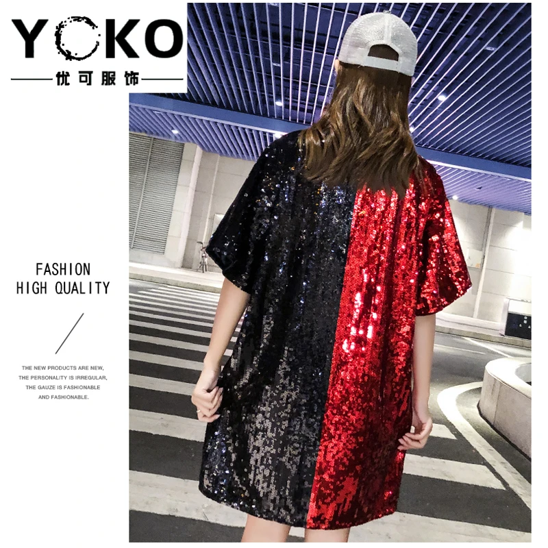 YOKO блестящие мультфильм длинный Блестящая футболка для женщин в стиле хип-хоп лето новая модель куртки с хлопковой подкладкой в Корейском стиле, свободная футболка с короткими рукавами рубашка с блестками