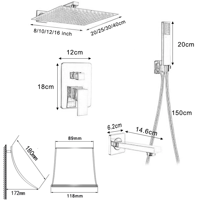 Chrome Wall Mount Rainfall Bathroom Shower Faucet Set Concealed System 16'' Head with Swivel Tub Spout 3 ways Mixer Taps bathroom faucet bathroom shower faucet set