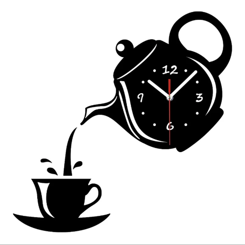 3D DIY чайник настенные часы в форме Акриловые зеркальные часы Современный декор для кухни Настенные стикеры полые цифровые часы - Цвет: 2479-black