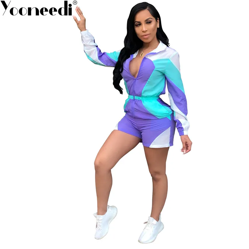 Yooneedi, новые модные стильные женские костюмы, 4 цвета, пэчворк, круглый вырез, молния, длинный рукав, женские комбинезоны, спортивные костюмы, OSM4060