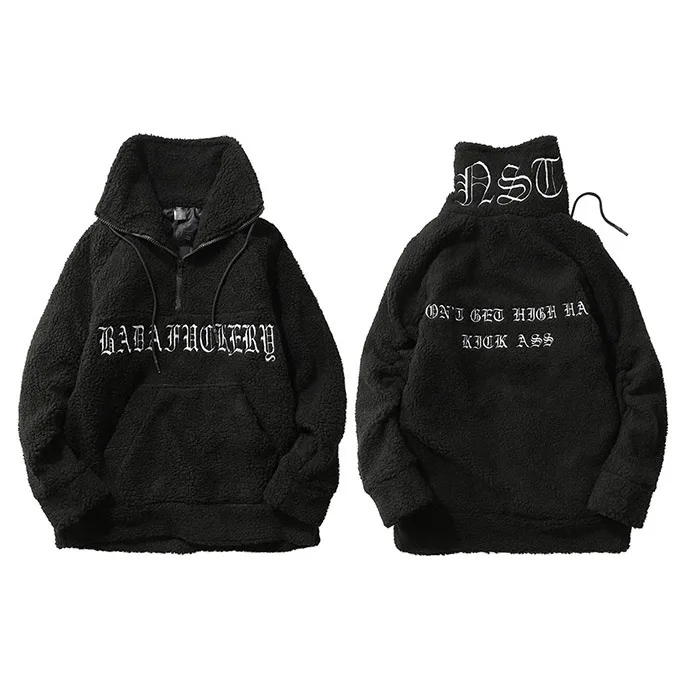 A663005 Black Мужская куртка из овечьей шерсти в стиле хип-хоп, Готическая куртка с вышитыми буквами, флисовая куртка осень-зима, куртка на молнии, уличная одежда в стиле ретро - Цвет: A663005 Black