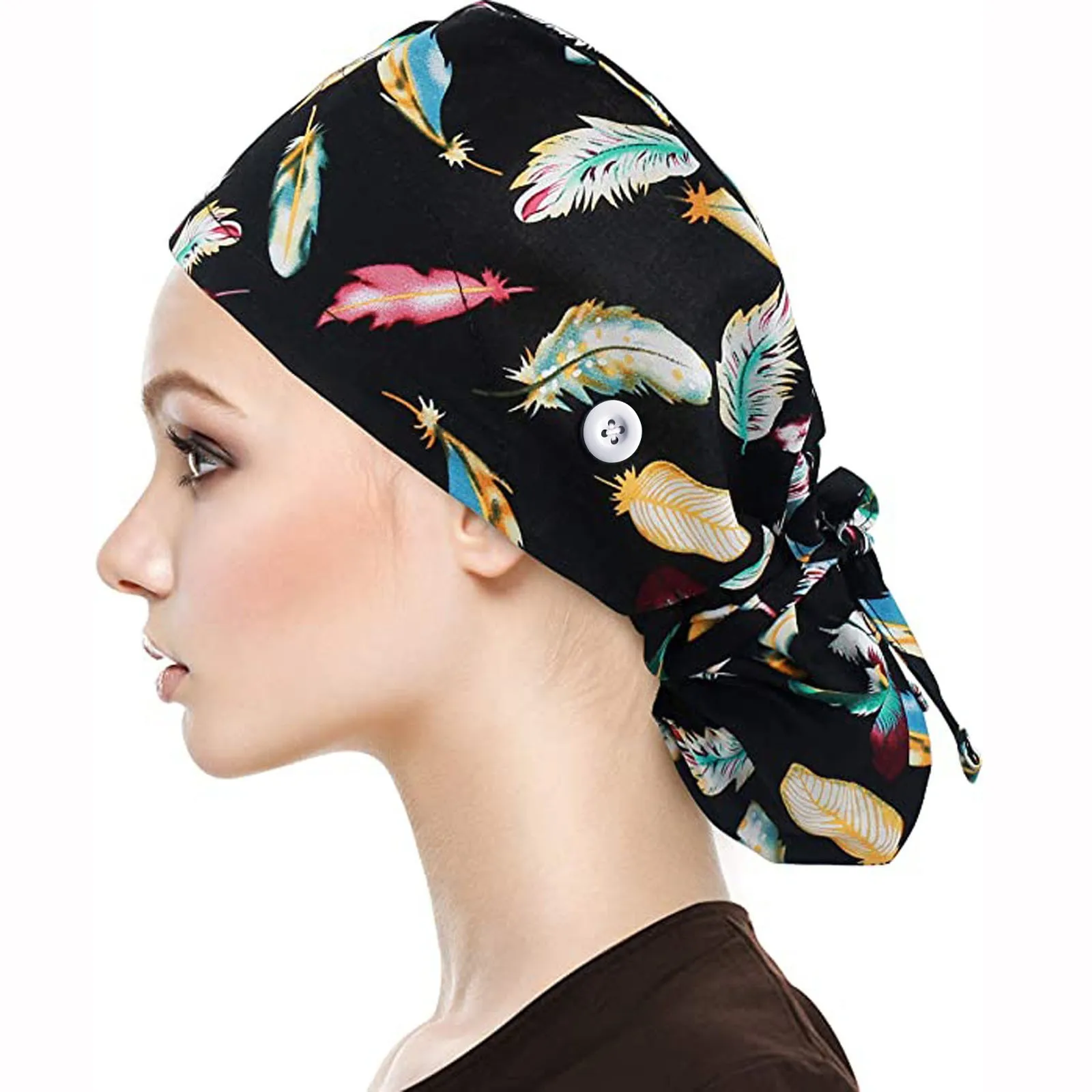 Hats For Women Fashion Cotton Nurse Hat Print Feather Cap Nurse Accessories Button Bouffant Hat Sweatband Gorro Enfermera medical scrub hats