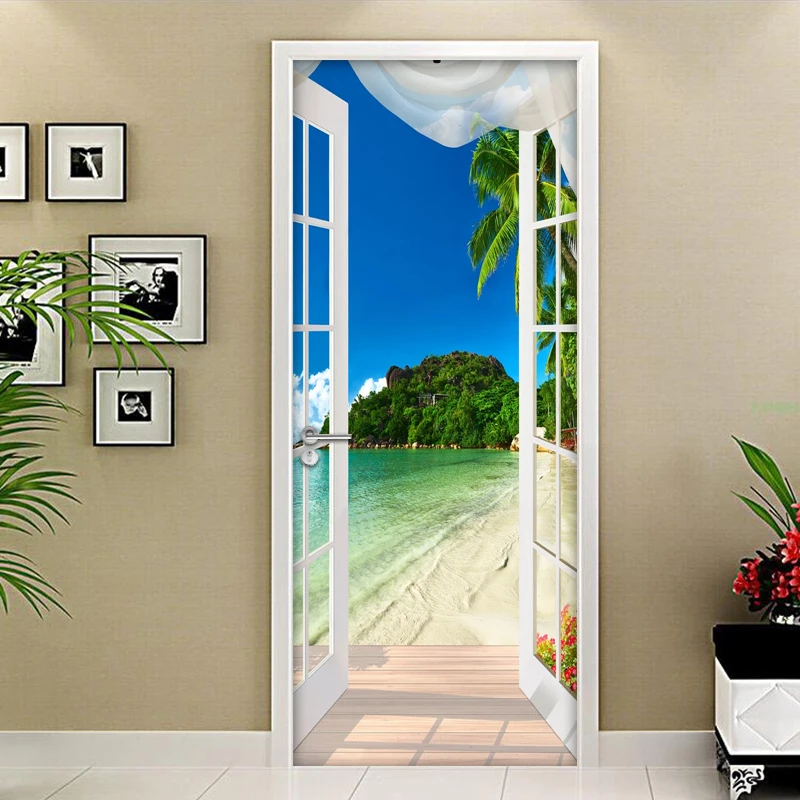 DIY самоклеющиеся дверные стикеры 3D Пляжный Пейзаж ПВХ водонепроницаемые двери фрески фото обои для гостиной спальни украшения