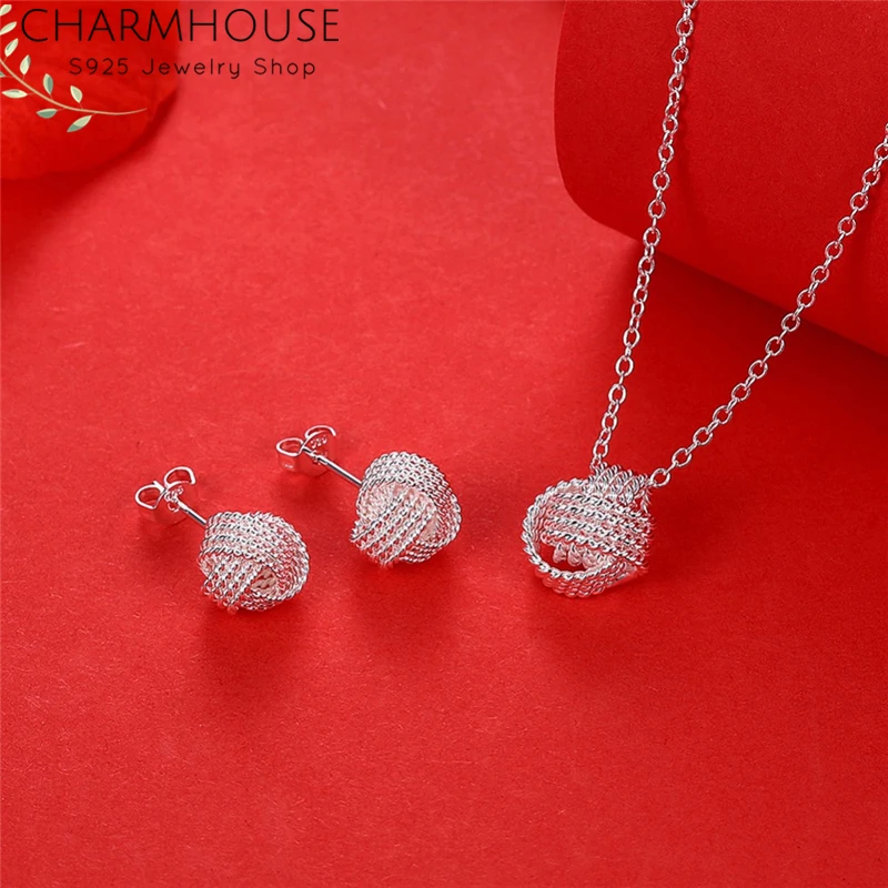 Charmhouse Серебро 925 комплекты украшений для женщин сетчатый шар кулон ожерелье+ серьги 2 шт костюм комплект ювелирных изделий Аксессуары Bijoux