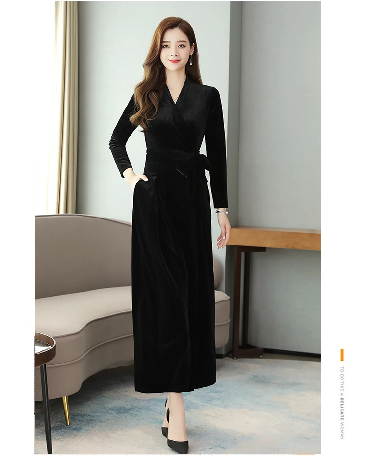 long sleeve velvet jumpsuit women winter Runway elegant black V Neck plus size wide leg sashes maxi floor length romper