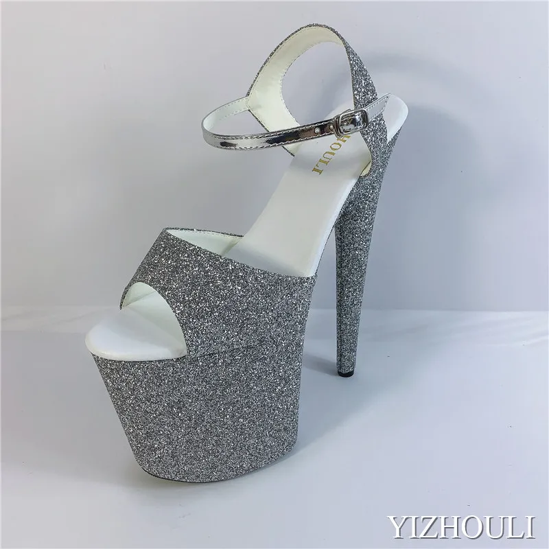 8 inch sandals, grey sequins and soles for parties and nightclubs, 20 cm high heel models, pole dancing shoes